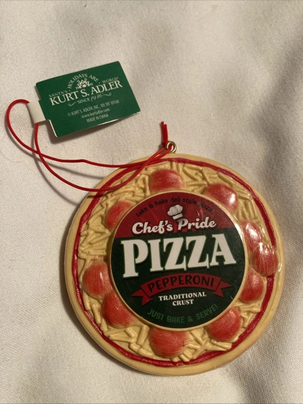 Kurt Adler Red, Tan & Green Chef's Pride pepperoni Pizza Ornament